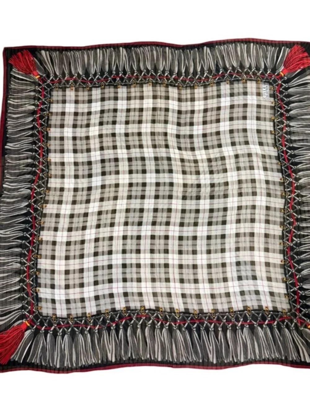 Coveri Collection Designer Square Scarf Classic Plaid with Tassel Border 41 x 42